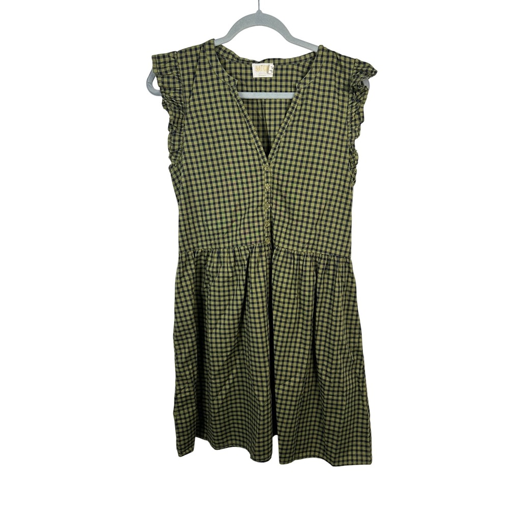 Nation LTD Gingham Dress Womens M Green Excellent Ruffle Pima Cotton Boho
